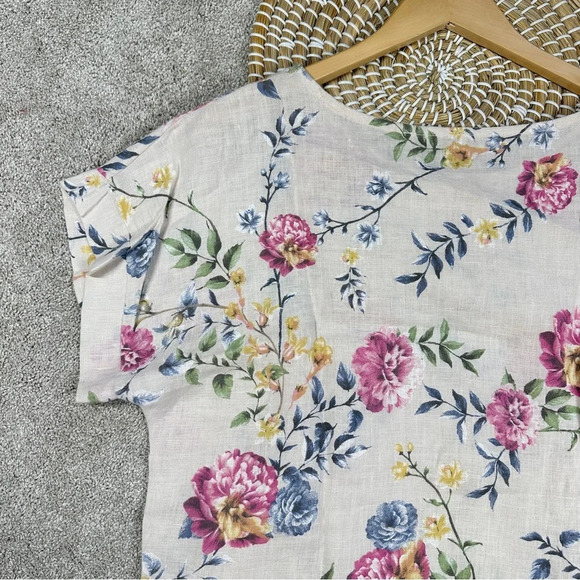 Bella Umbra 100% Linen Blouse Light Tan Floral Shortsleeve Made in Italy Size M - Picture 6 of 13